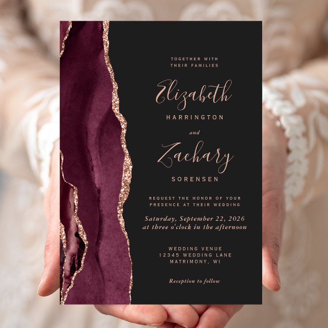 Burgundy Rose Gold Agate Dark Wedding Invitation (Creator Uploaded)