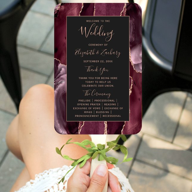 Burgundy Rose Gold Agate Dark Wedding Program Hand Fan (Creator Uploaded)