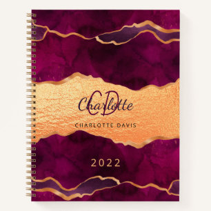Burgundy rose gold agate marble name notebook