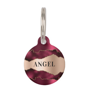 Burgundy rose gold agate marble name pet ID tag