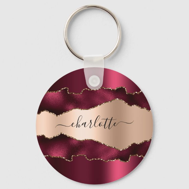 Burgundy rose gold agate marble name script keychain (Front)