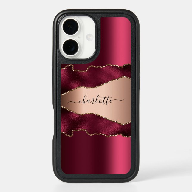 Burgundy rose gold agate marble name script otterbox iPhone case (Back)