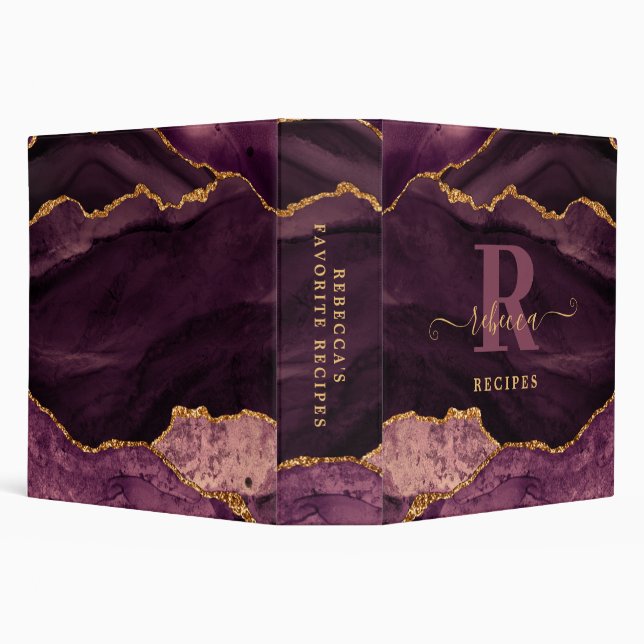 Burgundy Rose Gold Agate Monogram Script Recipe 3 Ring Binder (Background)