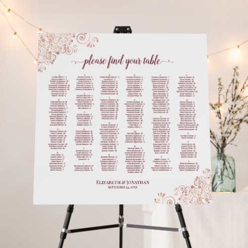 Burgundy  Rose Gold Alphabetical Seating Chart Foam Board