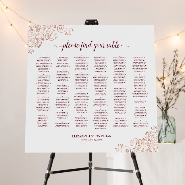 Burgundy & Rose Gold Alphabetical Seating Chart Foam Board (In Situ (Stand))