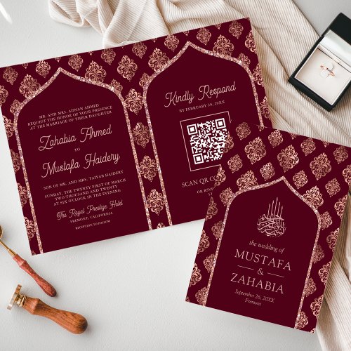 Burgundy Rose Gold Arch QR Code Muslim Wedding Invitation