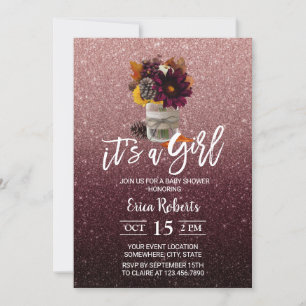 Burgundy & Rose Gold Autumn Floral Jar Baby Shower Invitation