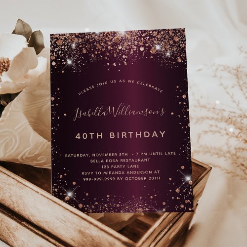 Burgundy rose gold birthday invitation