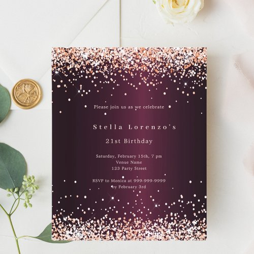 Burgundy rose gold birthday invitation