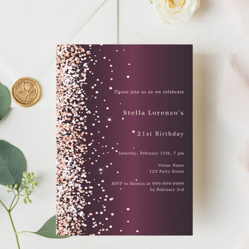 Burgundy rose gold birthday invitation