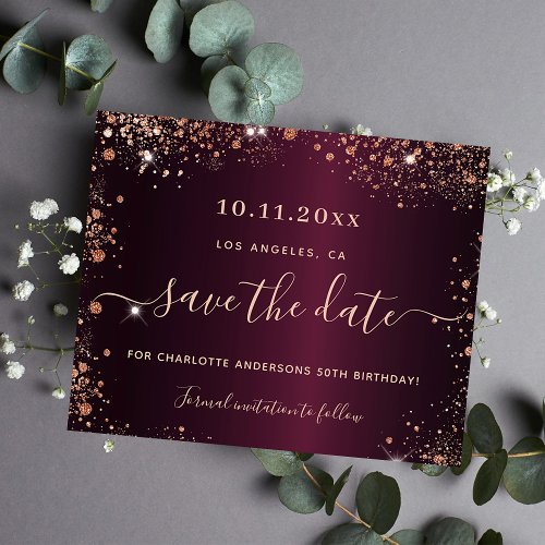 Burgundy rose gold birthday save the date card