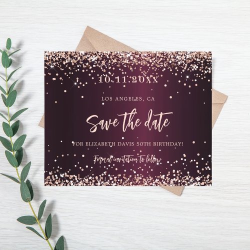 Burgundy rose gold birthday save the date card