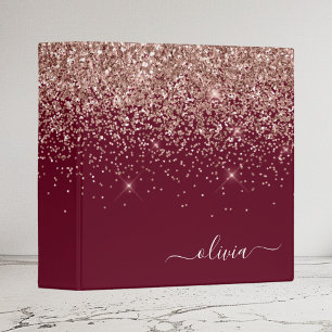 Burgundy Rose Gold Blush Pink Glitter Monogram 3 Ring Binder
