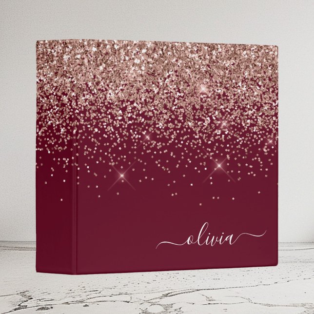 Burgundy Rose Gold Blush Pink Glitter Monogram 3 Ring Binder (Creator Uploaded)