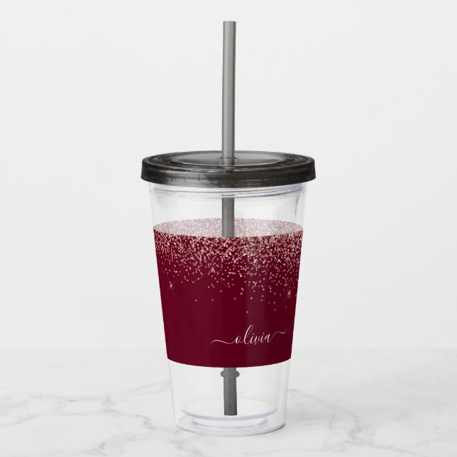 Burgundy Rose Gold Blush Pink Glitter Monogram Acrylic Tumbler (Front)