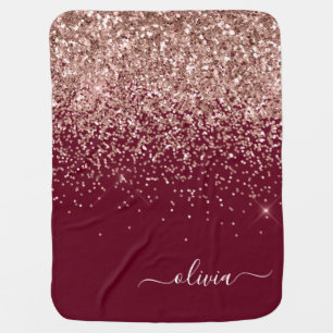 Burgundy Rose Gold Blush Pink Glitter Monogram Baby Blanket