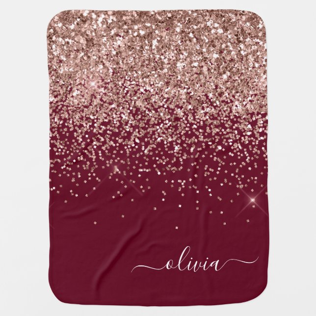 Burgundy Rose Gold Blush Pink Glitter Monogram Baby Blanket (Front)