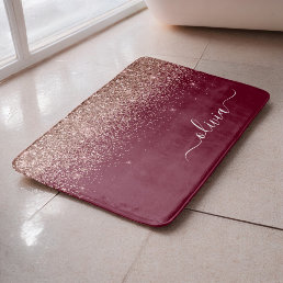 Burgundy Rose Gold Blush Pink Glitter Monogram Bath Mat