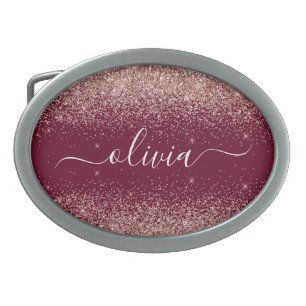 Burgundy Rose Gold Blush Pink Glitter Monogram Belt Buckle