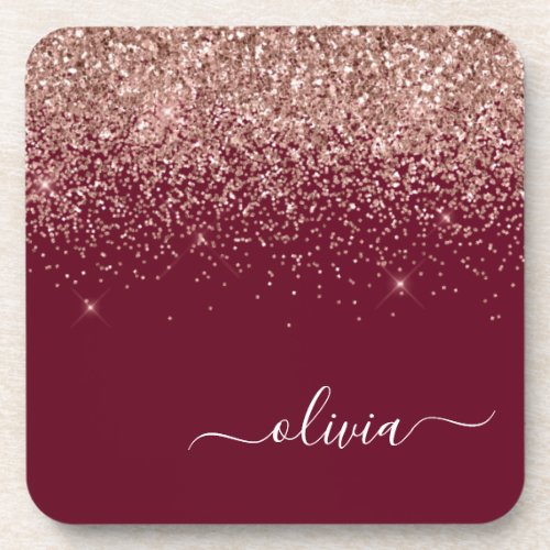 Burgundy Rose Gold Blush Pink Glitter Monogram Beverage Coaster