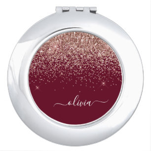 Burgundy Rose Gold Blush Pink Glitter Monogram Compact Mirror