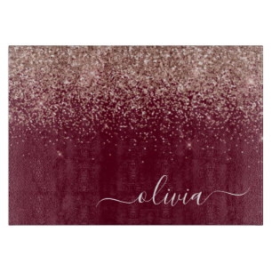 Burgundy Rose Gold Blush Pink Glitter Monogram Cutting Board