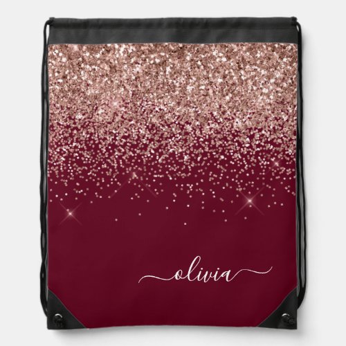 Burgundy Rose Gold Blush Pink Glitter Monogram Drawstring Bag