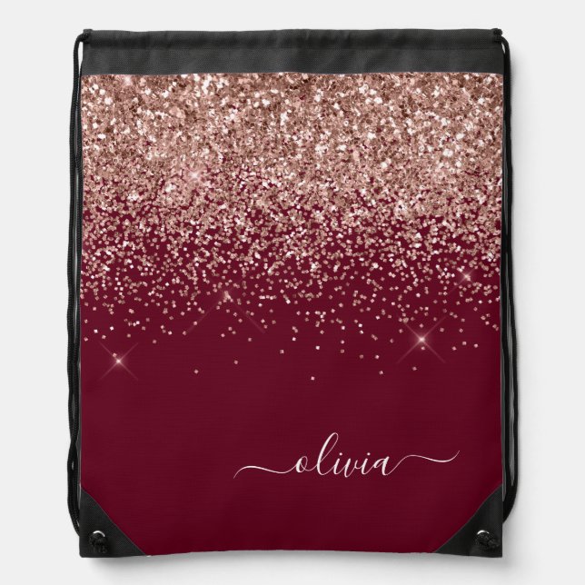 Burgundy Rose Gold Blush Pink Glitter Monogram Drawstring Bag (Front)