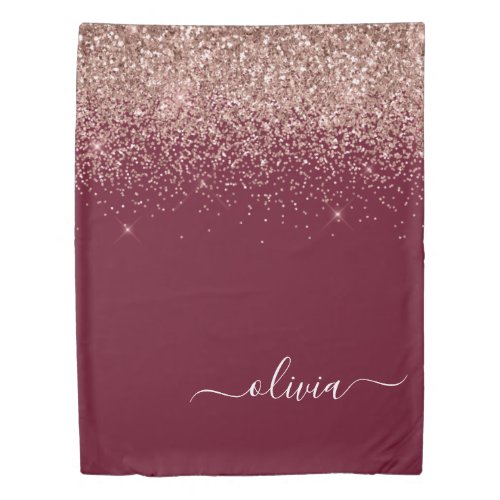 Burgundy Rose Gold Blush Pink Glitter Monogram Duvet Cover