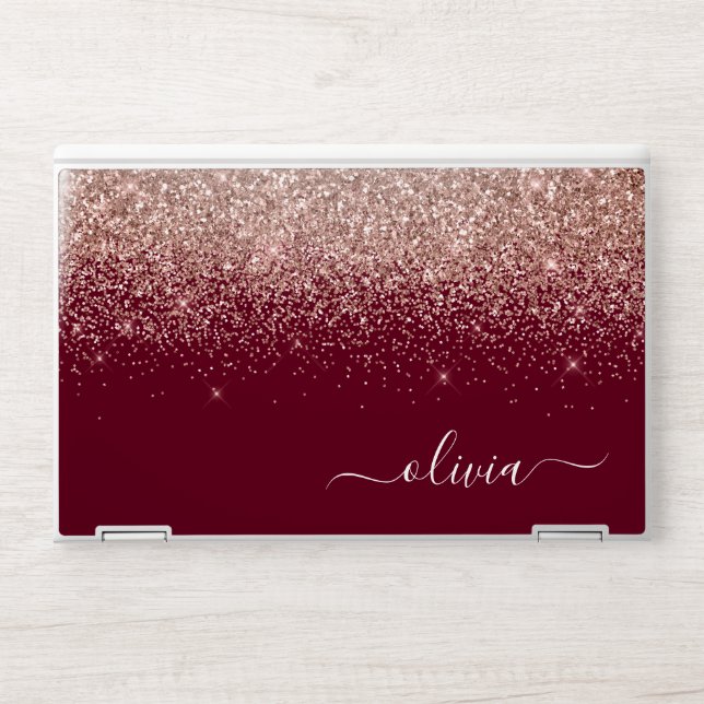 Burgundy Rose Gold Blush Pink Glitter Monogram HP Laptop Skin (Front)