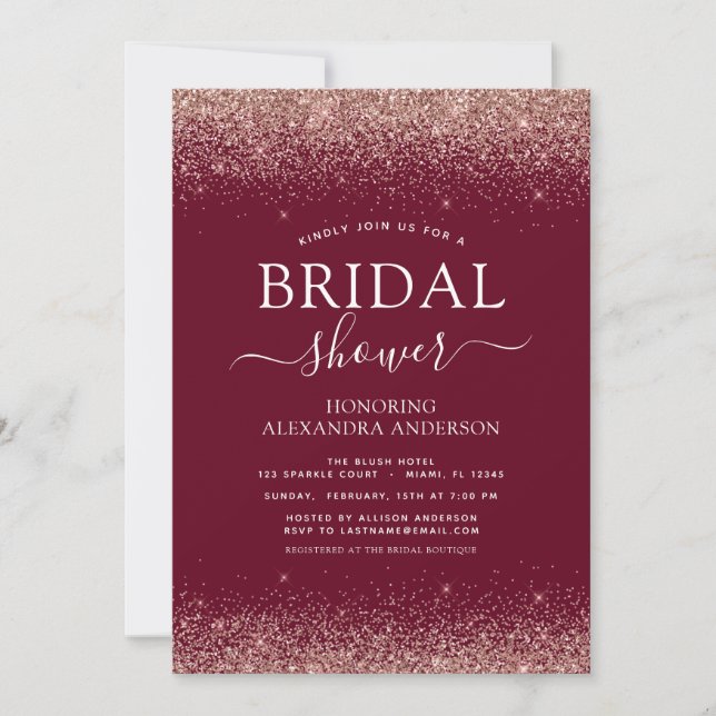Burgundy Rose Gold Blush Pink Glitter Monogram Invitation (Front)