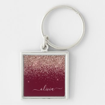 Burgundy Rose Gold Blush Pink Glitter Monogram Keychain by Hot_Foil_Creations at Zazzle