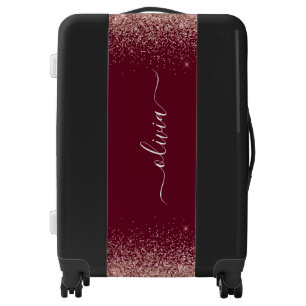Burgundy Rose Gold Blush Pink Glitter Monogram Luggage