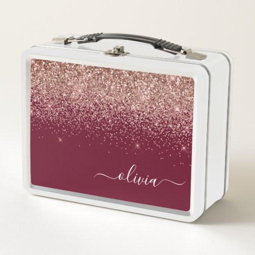 Burgundy Rose Gold Blush Pink Glitter Monogram Metal Lunch Box