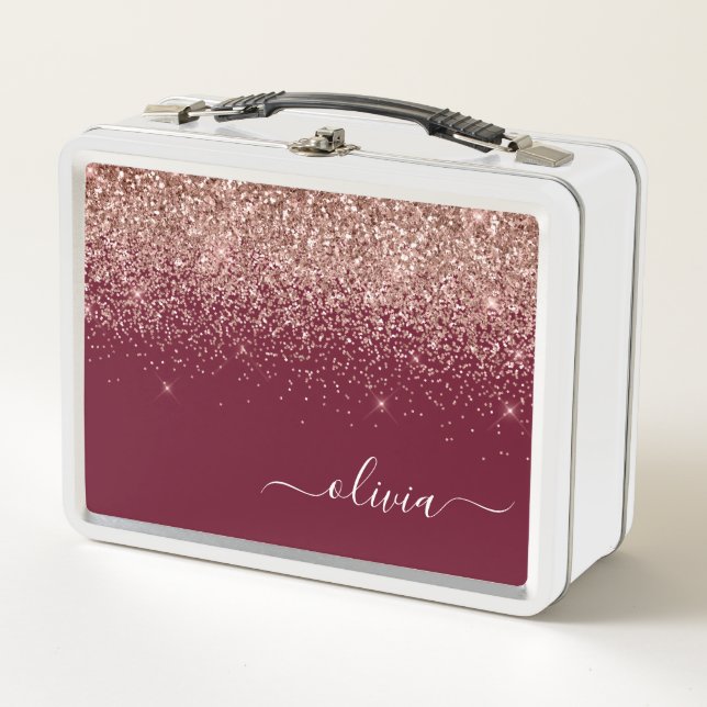 Burgundy Rose Gold Blush Pink Glitter Monogram Metal Lunch Box (Front)