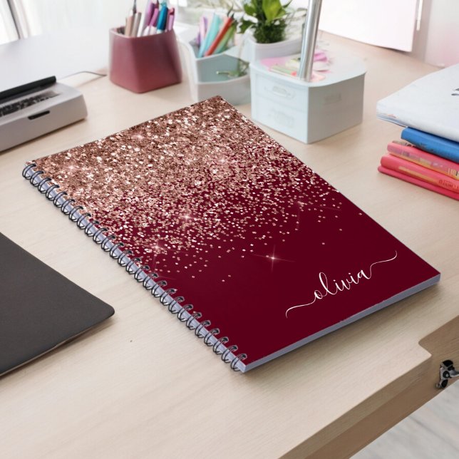 Burgundy Rose Gold Blush Pink Glitter Monogram Notebook (Creator Uploaded)