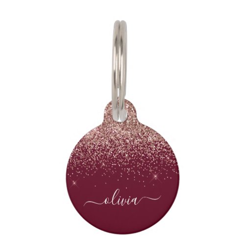 Burgundy Rose Gold Blush Pink Glitter Monogram Pet ID Tag