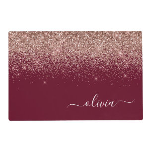 Burgundy Rose Gold Blush Pink Glitter Monogram Placemat