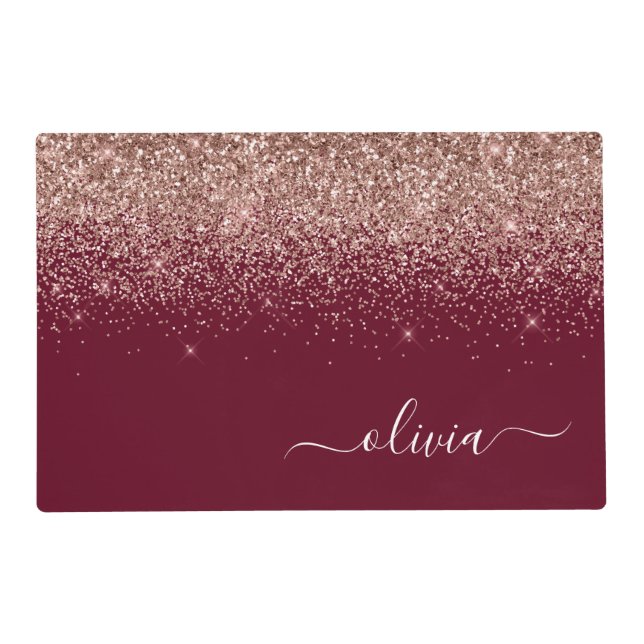 Burgundy Rose Gold Blush Pink Glitter Monogram Placemat (Front)