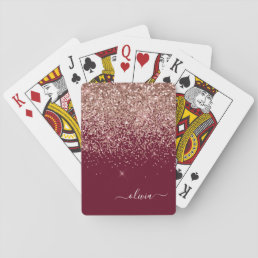 Burgundy Rose Gold Blush Pink Glitter Monogram Playing Cards