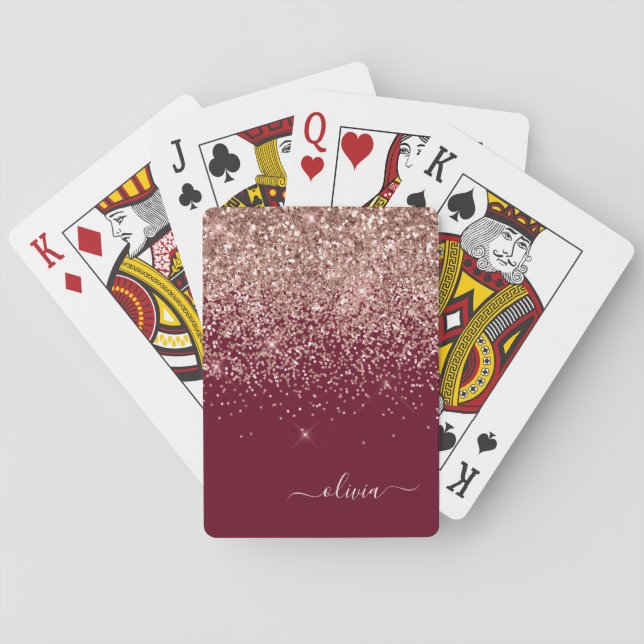 Burgundy Rose Gold Blush Pink Glitter Monogram Playing Cards (Back)