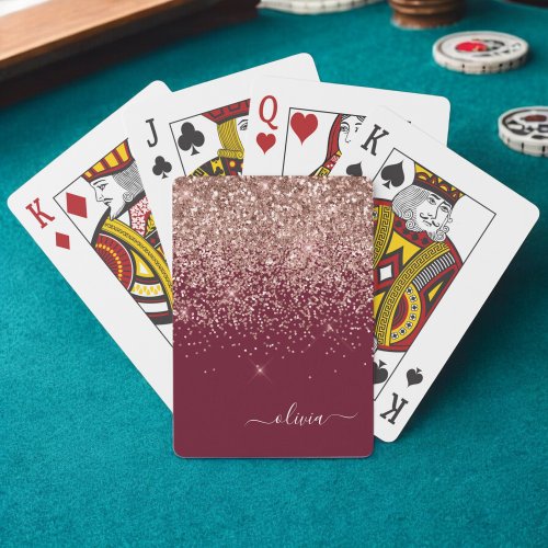 Burgundy Rose Gold Blush Pink Glitter Monogram Poker Cards