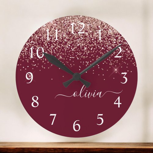 Burgundy Rose Gold Blush Pink Glitter Monogram Round Clock