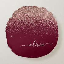Burgundy Rose Gold Blush Pink Glitter Monogram Round Pillow