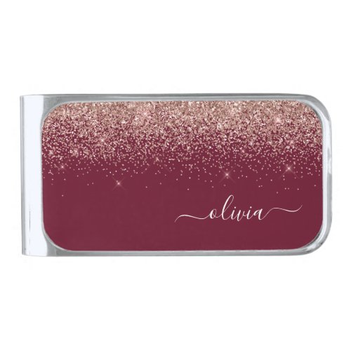 Burgundy Rose Gold Blush Pink Glitter Monogram Silver Finish Money Clip