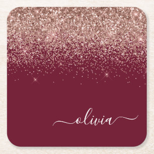 Burgundy Rose Gold Blush Pink Glitter Monogram Square Paper Coaster