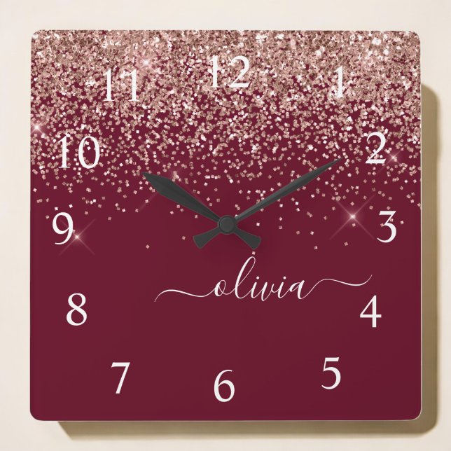 Burgundy Rose Gold Blush Pink Glitter Monogram Square Wall Clock (Creator Uploaded)