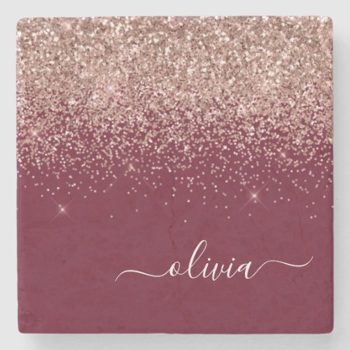 Burgundy Rose Gold Blush Pink Glitter Monogram Stone Coaster