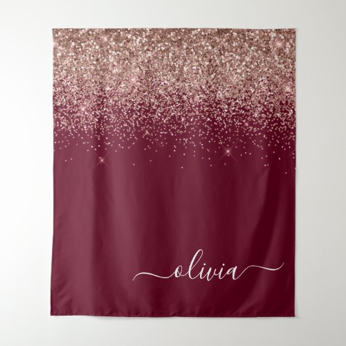 Burgundy Rose Gold Blush Pink Glitter Monogram Tapestry