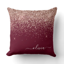 Burgundy Rose Gold Blush Pink Glitter Monogram Throw Pillow